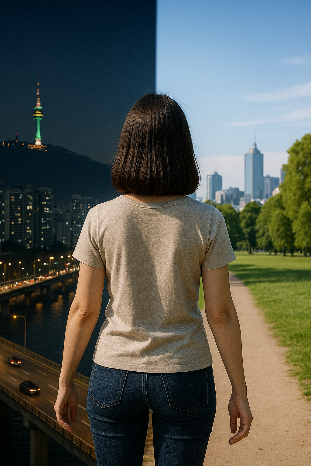 A woman standing between a glowing Seoul skyline and a sunlit Melbourne park, symbolising life between two worlds.